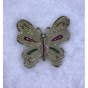 Vintage Gerry’s Gold Tone Butterfly Brooch Painted Pink & Green Accents Pin